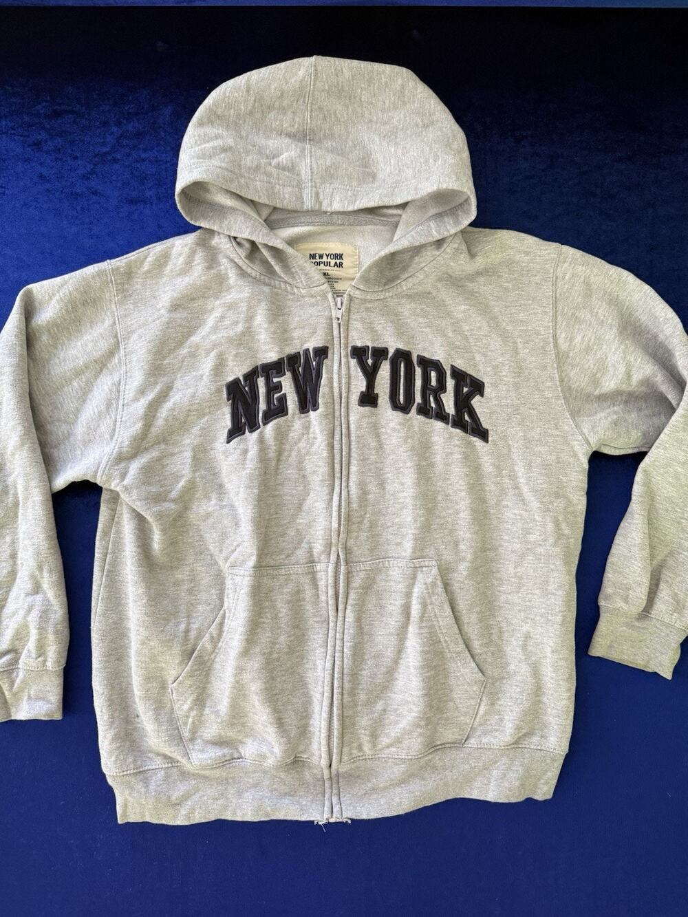 New York Popular Zip Up Hoodie Gray Sweatshirt Applique Graphic Mens Size XL
